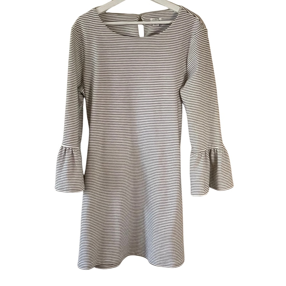 J Crew Women’s Size L dress black/white stripes 3/4 bell sleeves